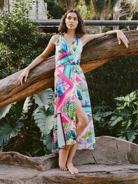 ZARA Women Multi Tropical Hawaiian Midi V-neck Satin Dress Size S NWT 69$+TAX